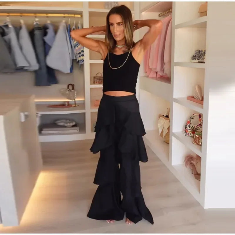 Ruffle Street Cascading Women's Y2k Pants Fashion Elastic Waist Wide-leg Female Trousers 2026 Summer Chic Holiday New Lady Pant