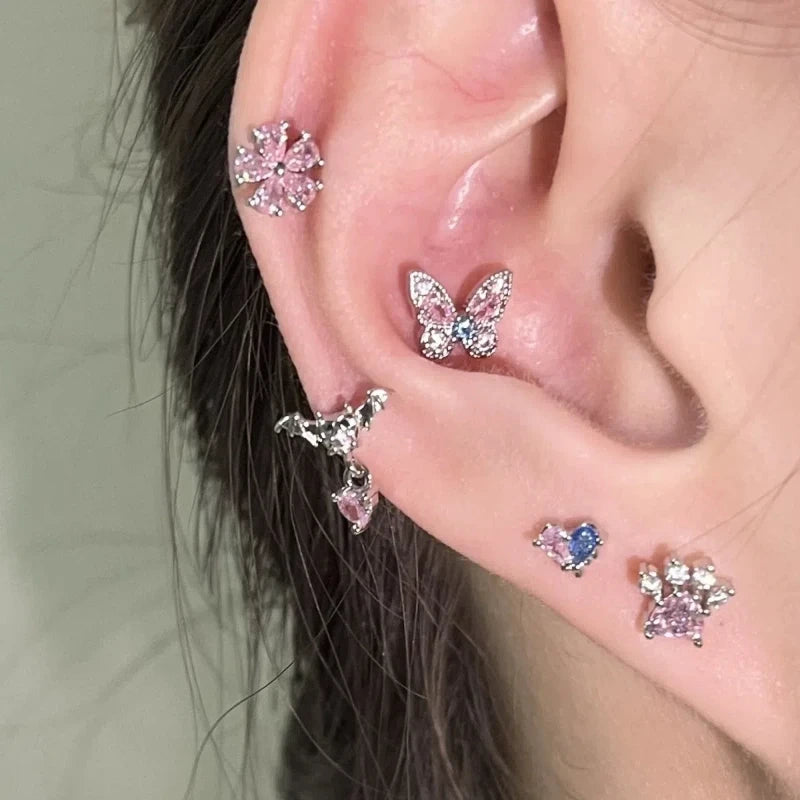 1 PCS New Fashion Cute Pink Zircon Crystal Ear Bone Nail 316L Medical Titanium Steel Earrings for Women Y2K Punk Jewelry