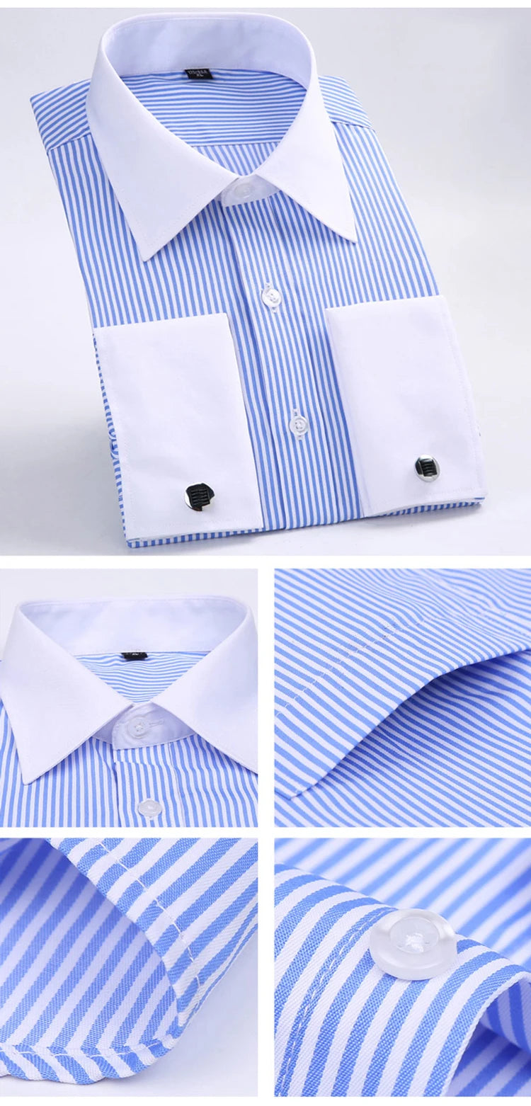 Men's Classic French Cuffs Striped Dress Shirt Single Patch Pocket Standard-fit Long Sleeve Wedding Shirts (Cufflink Included)