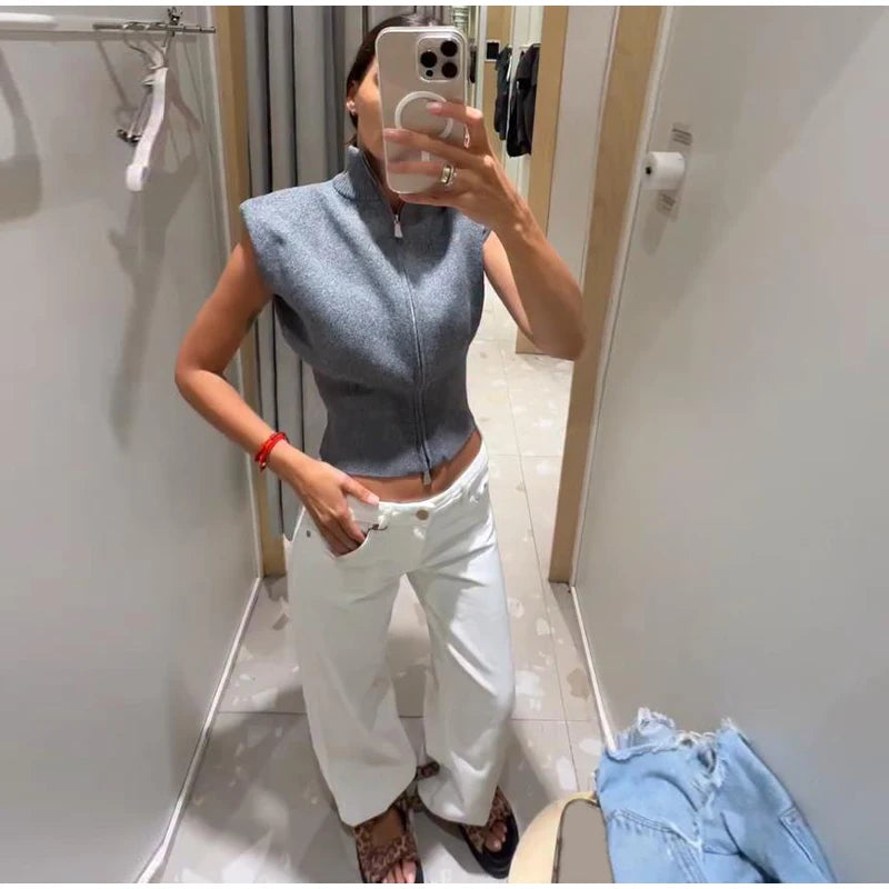 Women's Double Zipper Knit Vest Stand Collar Shoulder Pad Sleeveless Slim Cropped Sweater 2026 Autumn All-match Casual Outfits