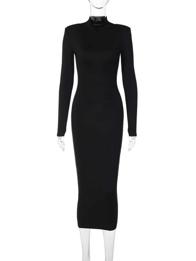 Hugcitar Women Fashion Turtleneck Long Sleeves Black Sexy Bodycon Maxi Prom Dress Fall Casual Clothes Streetwear Party Festival