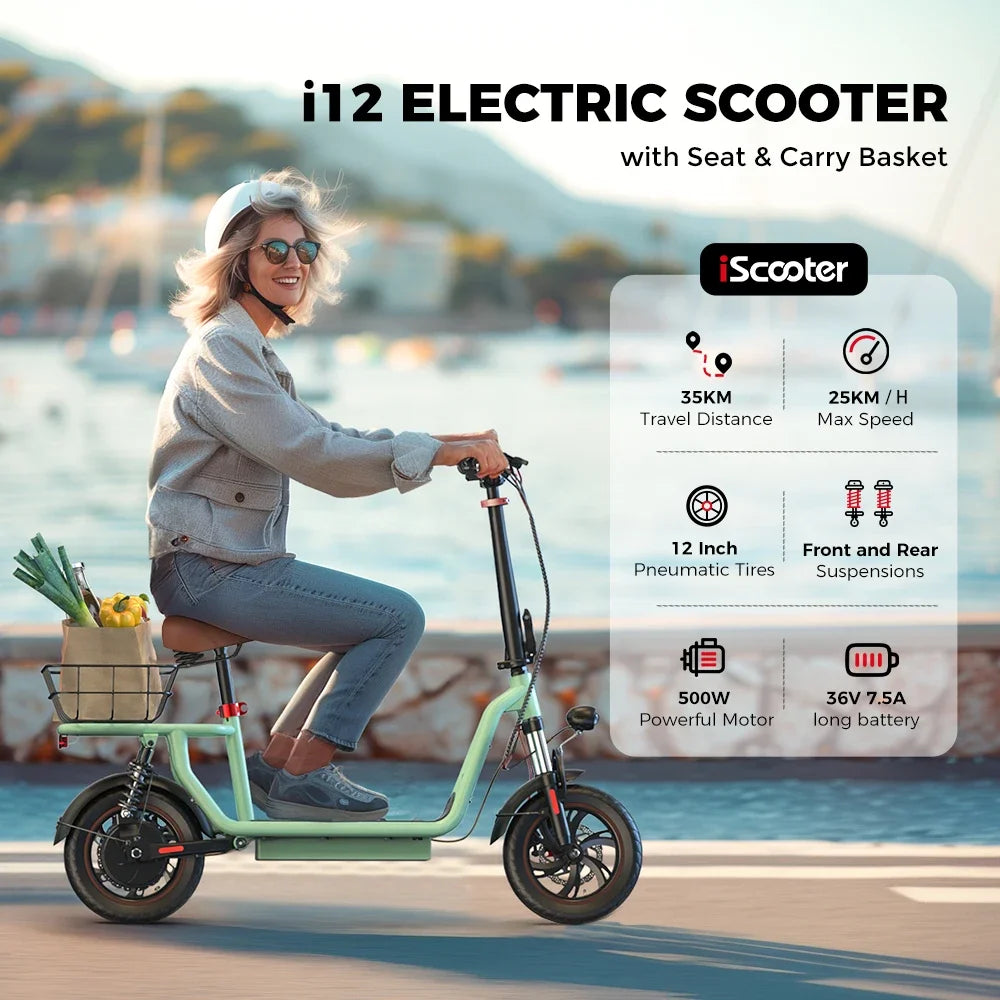 ISCOOTER I12 Adult Electric Scooter 500W Motor 36V7.5AH Battery Electric Scooter 12 Inch Urban Commuting Electric Scooter