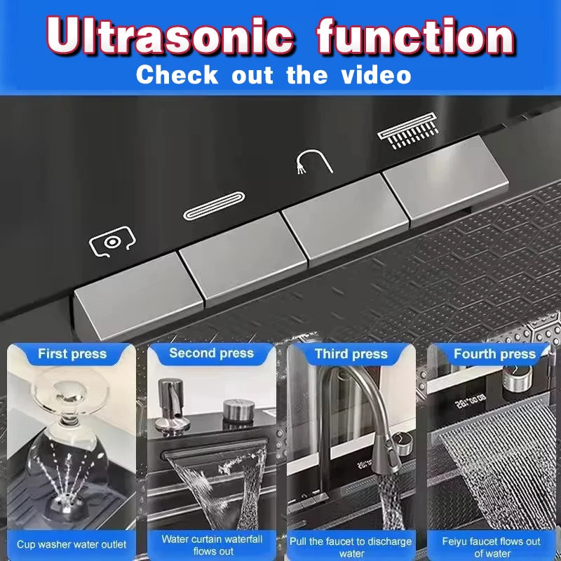 LED Factory 304 Stainless Steel Anti-Scratch Kitchen Sink Multifunction LED Digital Display Pull-Out Faucet Single Bowl Design