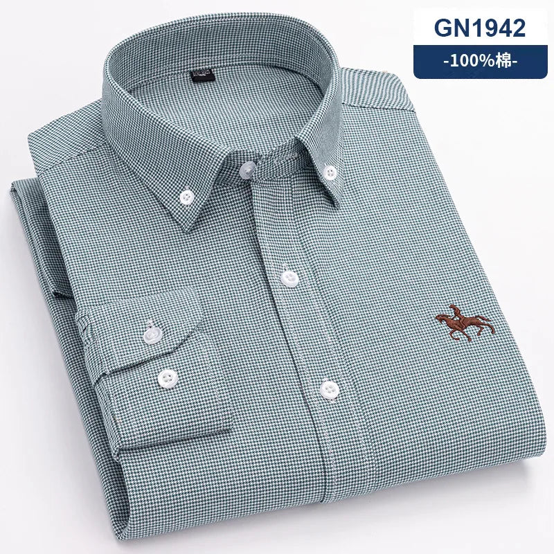 100% Pure Cotton Men's Long Sleeve Shirt Business Casual Solid Color Embroidered Oxford Spun Shirt