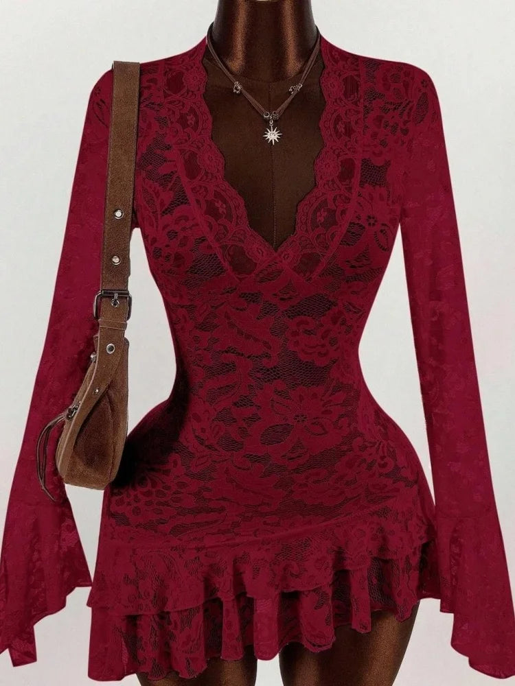 Wmstar Dresses for Women Wholesale Ruffled Lace V Neck Belted Short Dress See Through Design Suitable Beach Vacation 2026