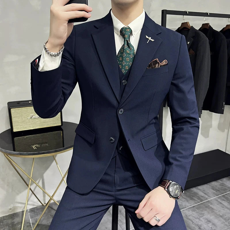 Blazer Vest Pants Men's Navy Blue Suit Set Slim Fit Blazer Vest Pants Formal Outfit for Business Wedding Office Groom Party
