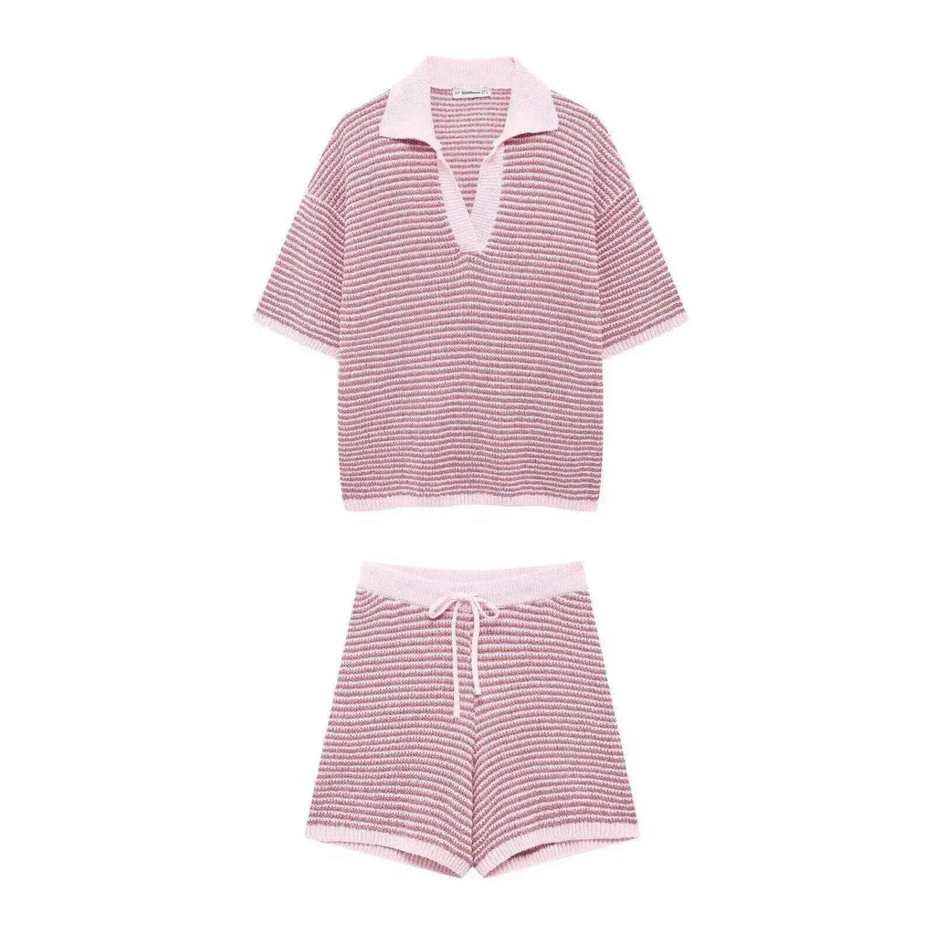 Holiday Retro Shorts Suit Summer New Women V Neck Knitted Tops Casual Lace Up Shorts Korean Fashion 2 Piece Sets Womens LLX6