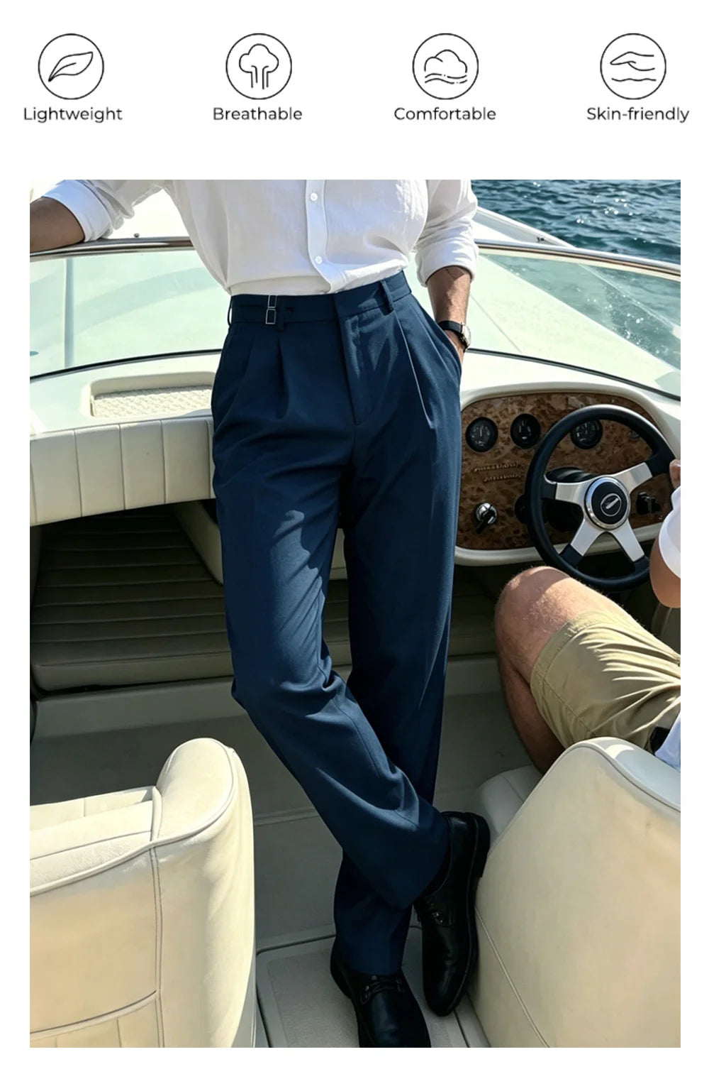 Men’s Solid Color Button Detail Naples Pleated High Waist Wide Leg Suit Pants, New Spring Autumn Elegant Light Business Trousers