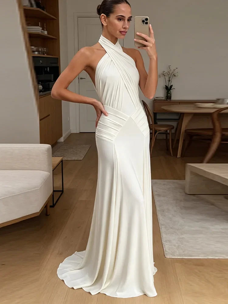 Elegant White Halter Neck Maxi Dress For Women Chic Backless Pleated Bodycon Long Vestidos 2026 Wedding Guest Evening Gown