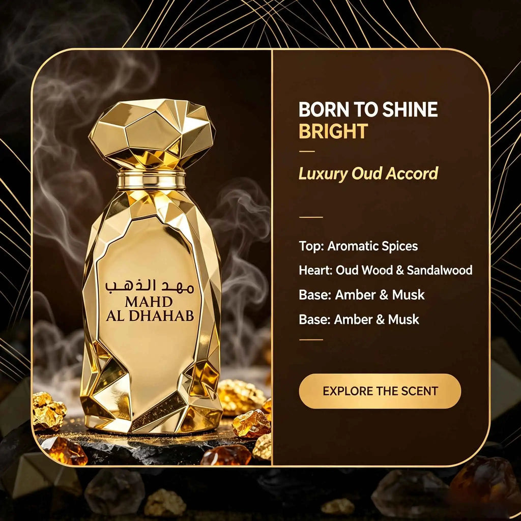 Arabiyat Prestige Mahd Al Dhahab EDP, Full Gold Diamond‑cut Bottle. Luxurious Oriental Fragrance With Saffron, Rich Oud And Amber, Delivering Grand Arabian Luxury Charm.