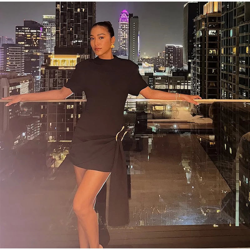 Elegant Mini Dress Woman Ribbons Slim O-neck Short Sleeve Above Knee Dresses Female Spring Summer Party Robe Lady High Street