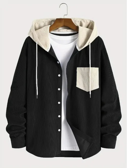 New Men's Corduroy Hoodie Shirt Long Sleeve Casual Streetwear Pocket Splicing Color Block Loose Fit Tops Autumn Spring Coats