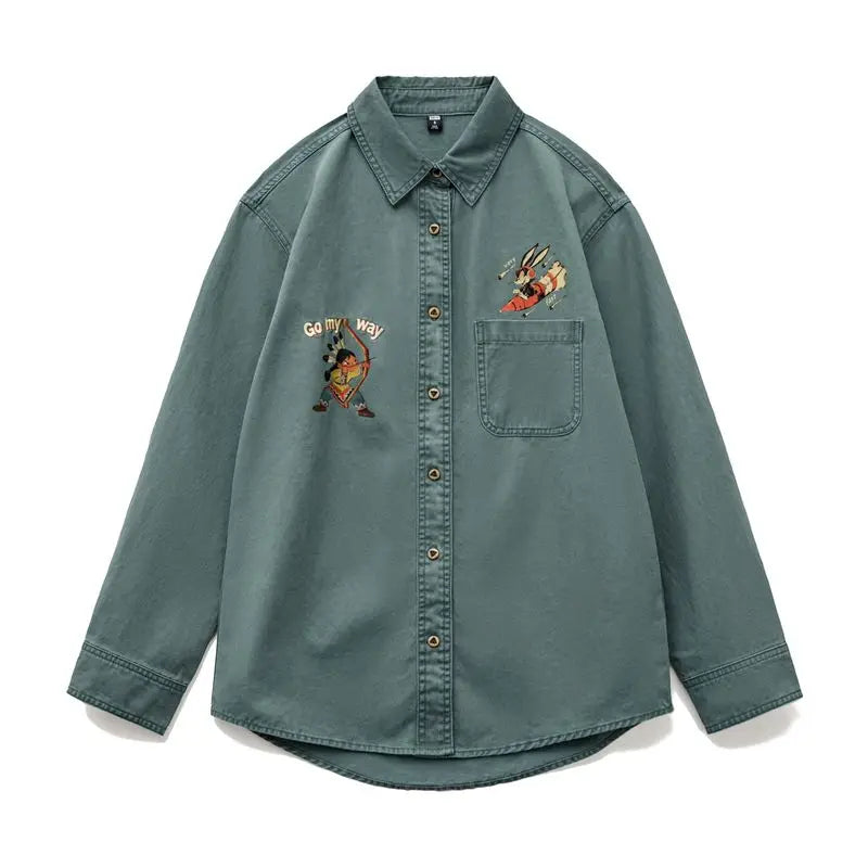 Maden Women's Vintage Washed  Embroidered Print Long Sleeve Shirt 100% Cotton Loose Fit Collar Blouse Single-breasted Fall Tops