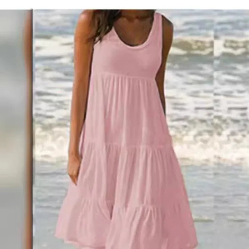 Bohemian Women's Casual O Neck Sleeveless Ruffle Mini Dress Solid Color Beach Tank Top Oversized Loose Dress Plus Size Women3029