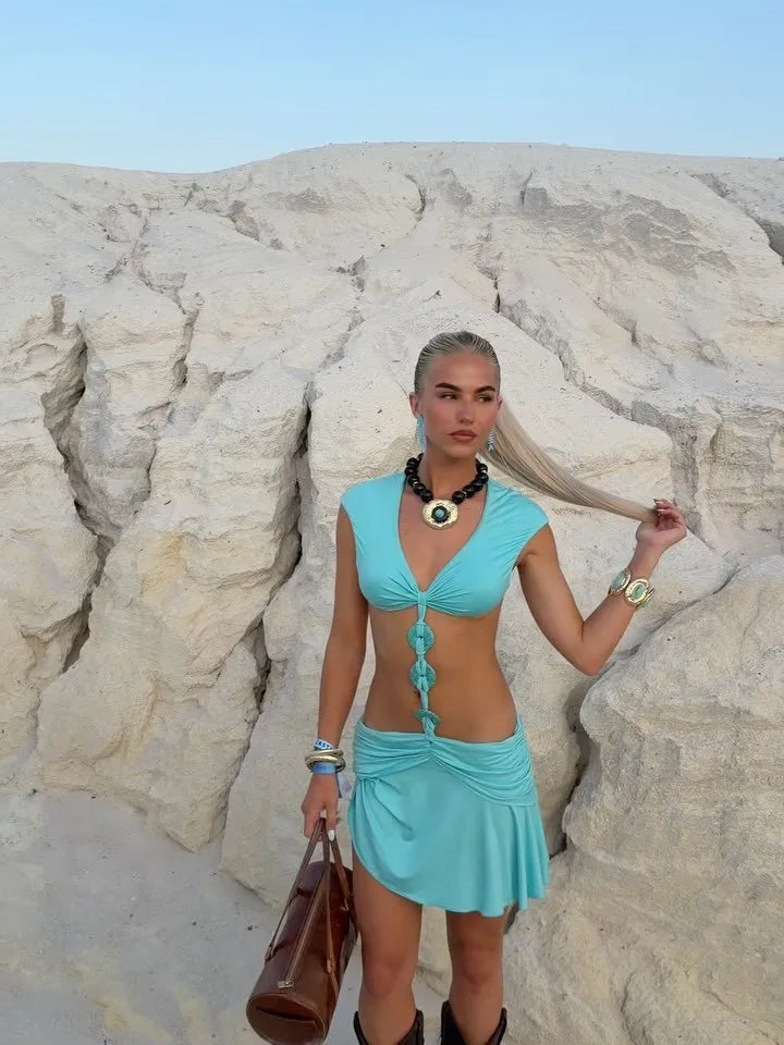 Blue Deep V Waist Cut Out Mini Dress Three Ring Connector O Ring Detail Ruched Sexy Beach Music Festival
