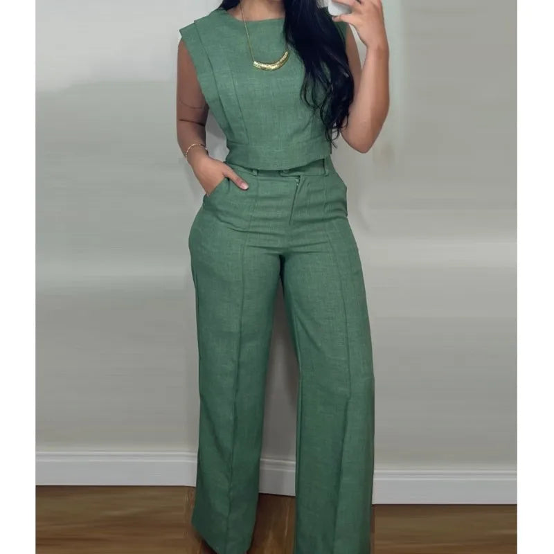 Fashion Solid 2 Piece Set For Women Casual Sleeveless O Neck Short Tops+High Waist Wide Leg Pants Sets High Street Clothes New
