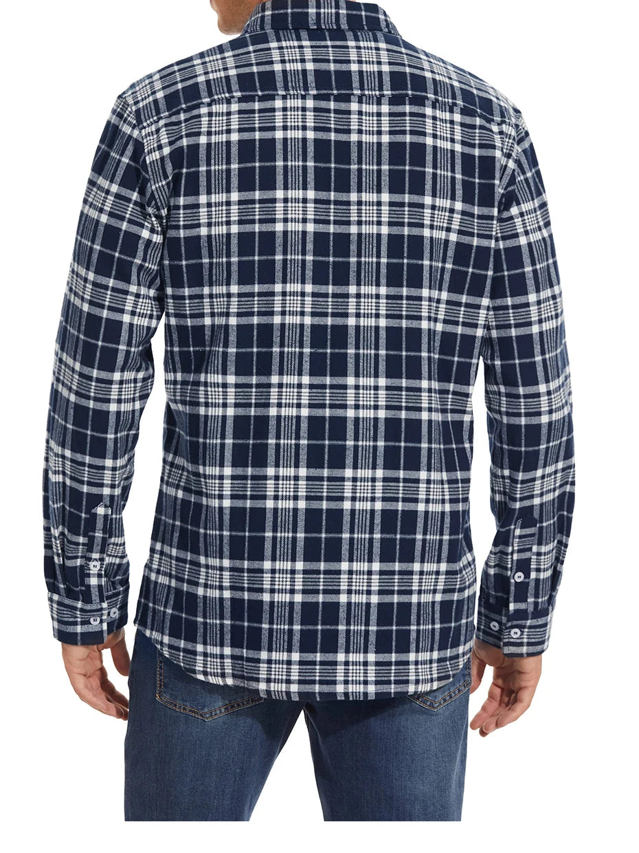 MAGCOMSEN Autumn Windproof Men's Flannel Shirt Warm Long Sleeve Casual Plaid Shirts with Two Chest Pockets