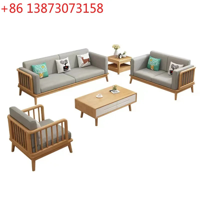 Solid wood fabric sofa Small apartment living room sofa combination Log wind Japanese sofa