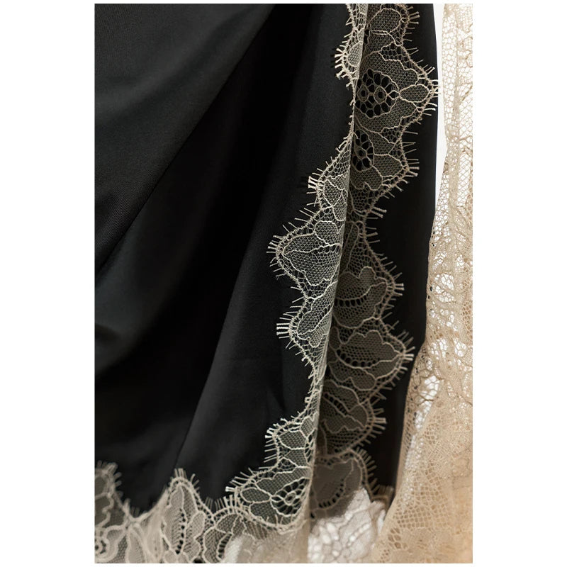 Elegant Sexy Lace Patchwork Mini Dress Women Full Flared Sleeve Waist Cinching See Through Short Dresses Lady Club Party Gowns