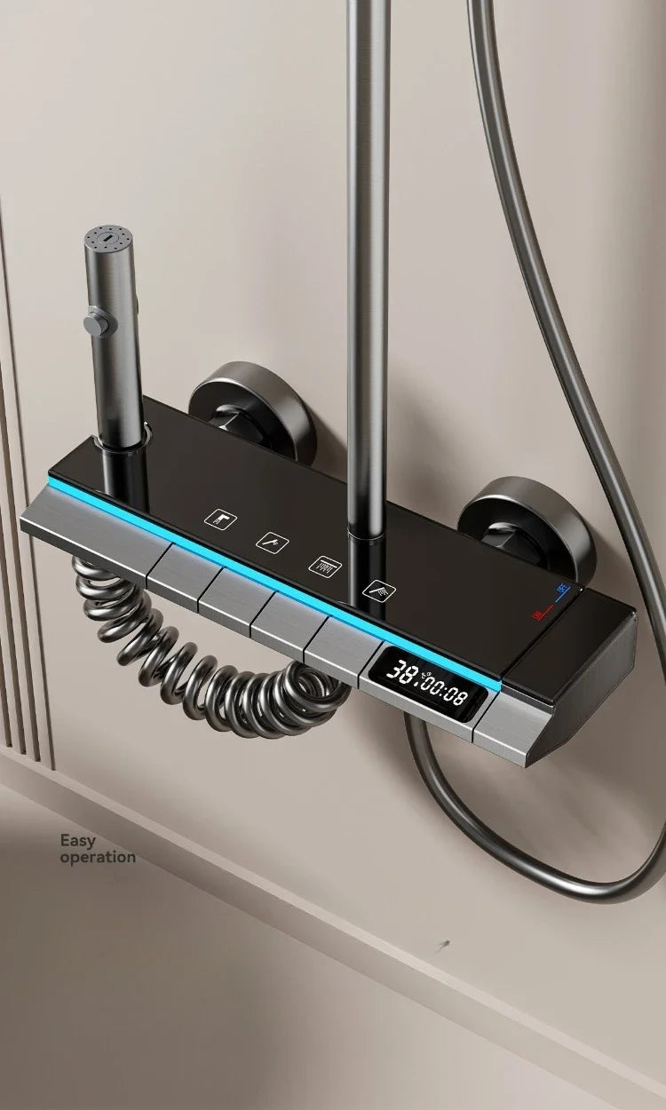4-way Rainlfall Shower System Set Smart Digital Bathroom Shower Faucet Set Grey Aluminum Shower Set with Temperature Display