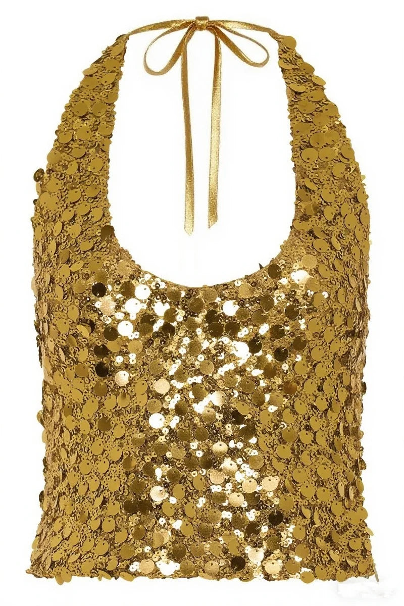 Women Low-Cut Y2K Sequins Crop Tops Halter Neck Tie Backless Tank Top Summer New Sexy Nightclub Party Clothes