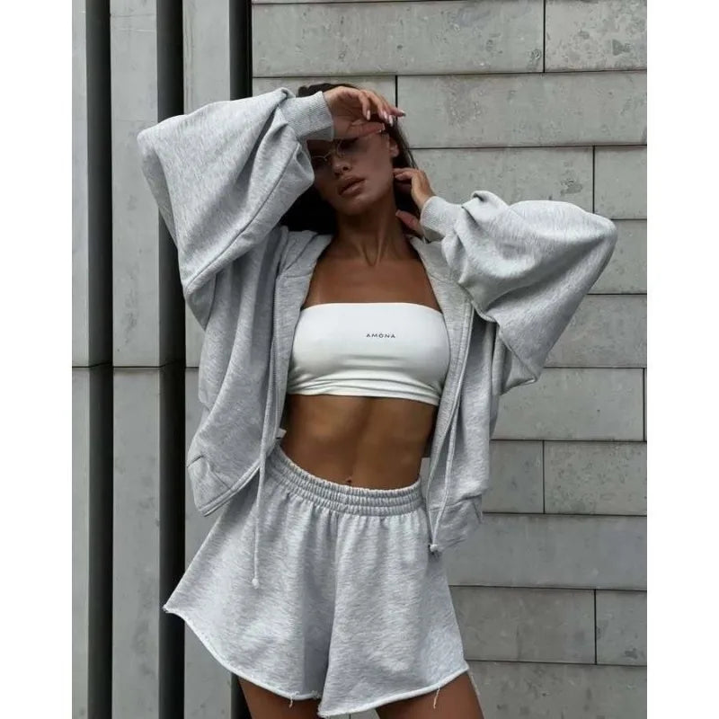 Women's Outfit Long-Sleeve Hooded Drawstring Sweatshirt Shorts Set Two-Piece Sets Sports Suit Sportswear Streetwear Trendy