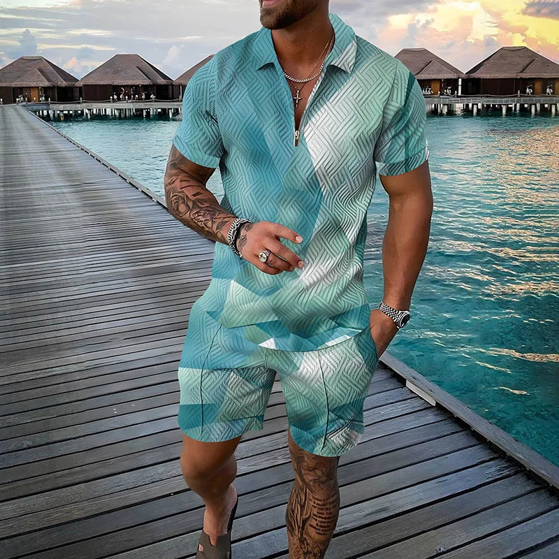 Men Zipper Polo Shirt Suit 2 Pcs Tracksuit Summer 3D Print Beach Boho Geometric Style Holiday Clothing Ensembles De Sport