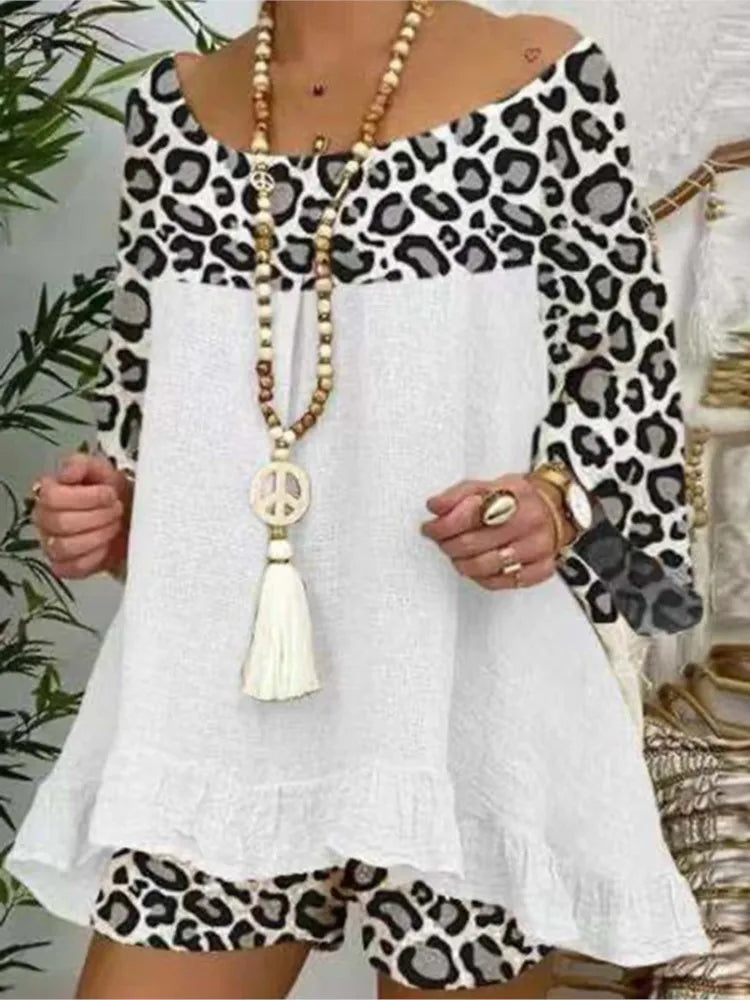 Linen Blouse Tops And Loose Shorts Suit Vintage Two Piece Set Print Sets Female Leopard Patchwork Outfit