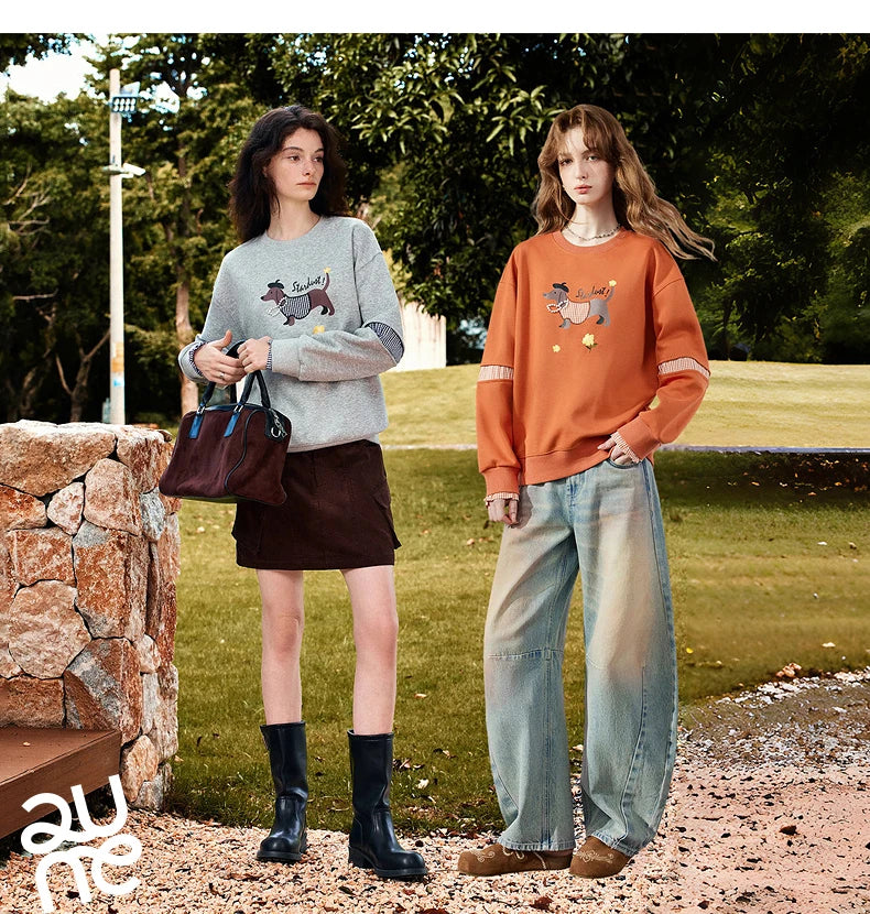 TOYOUTH Women's Sweatshirt 2026 Autumn New Loose Deconstructed Faux Two-Piece Plaid Dachshund Print Vintage Pullover Top
