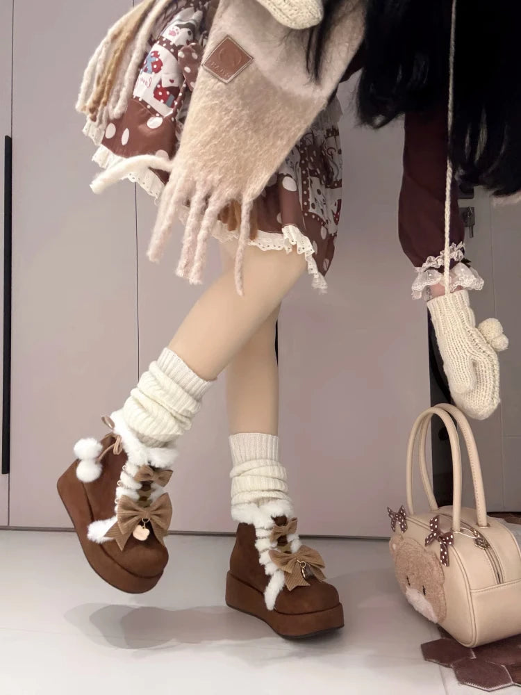 Sweet Girls Lolita Winter Snow Boots,Students Cute Plush Warm Bowknots PU Leather Lace Up Heightening Platform Shoes