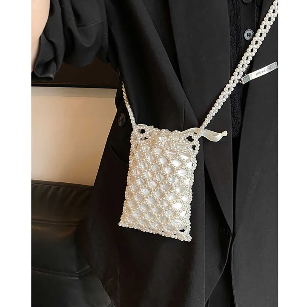 Pearl Bag Women Luxury Design Mini Phone Single Shoulder Bags Beading 2025 New Summer Chains Crossbody Bag for Wallet Daily Pack