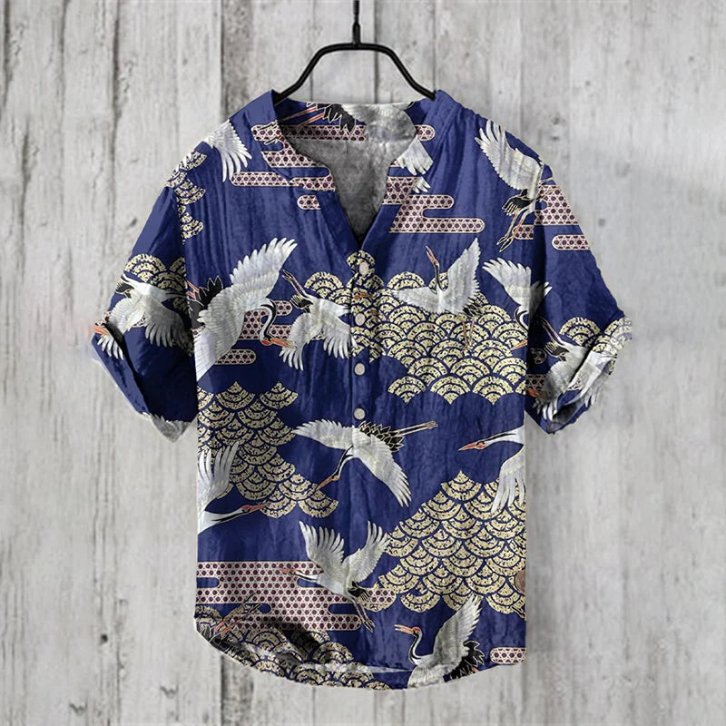 Men's Linen Comfortable Soft Men's Short Sleeve Shirt Hawaiian Fashion Splicing Print Stand Collar Button Shirt Summer Style