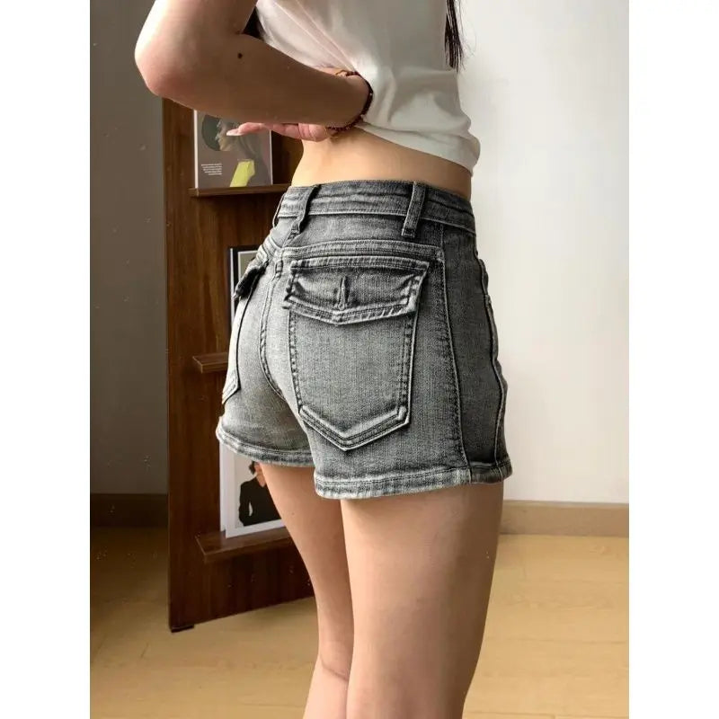 Black and Gray Low-rise Denim Super Y2k Shorts Women Washed Old Slim Elastic Hot Pants Booty Shorts