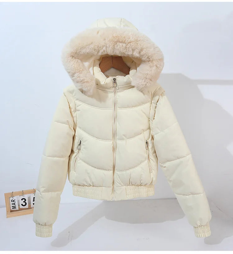 Winter Thickened Short Korean-Style Cotton-Padded Jacket with Fur Collar for Petite Women Warm Coat down Filled