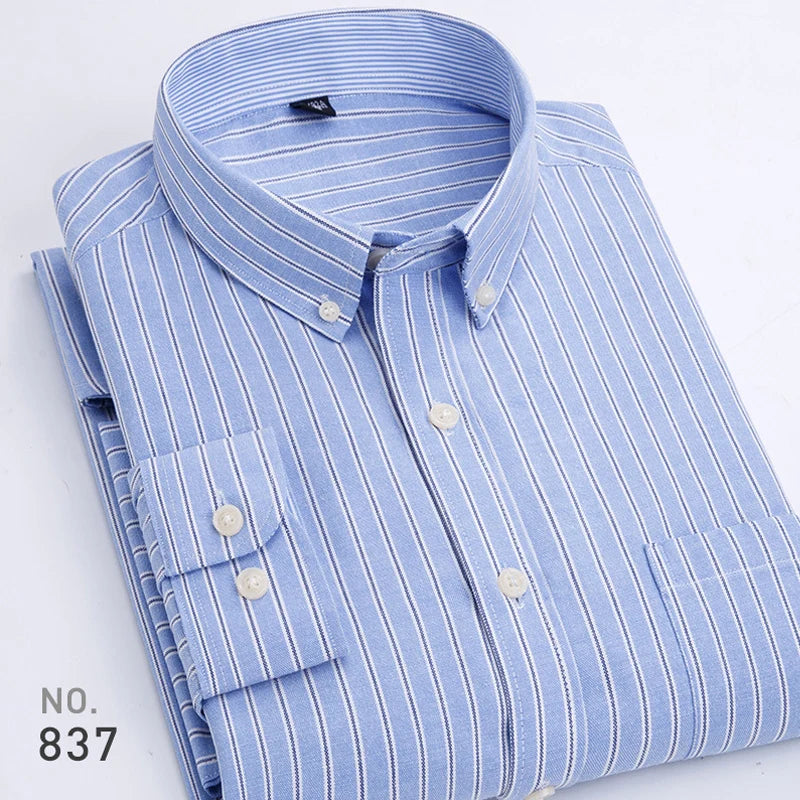 New Cotton Mens Striped Plaid Print Oxford Spinning Casual Long Sleeve Shirt Comfortable Collar Button Slim Male Business Shirts