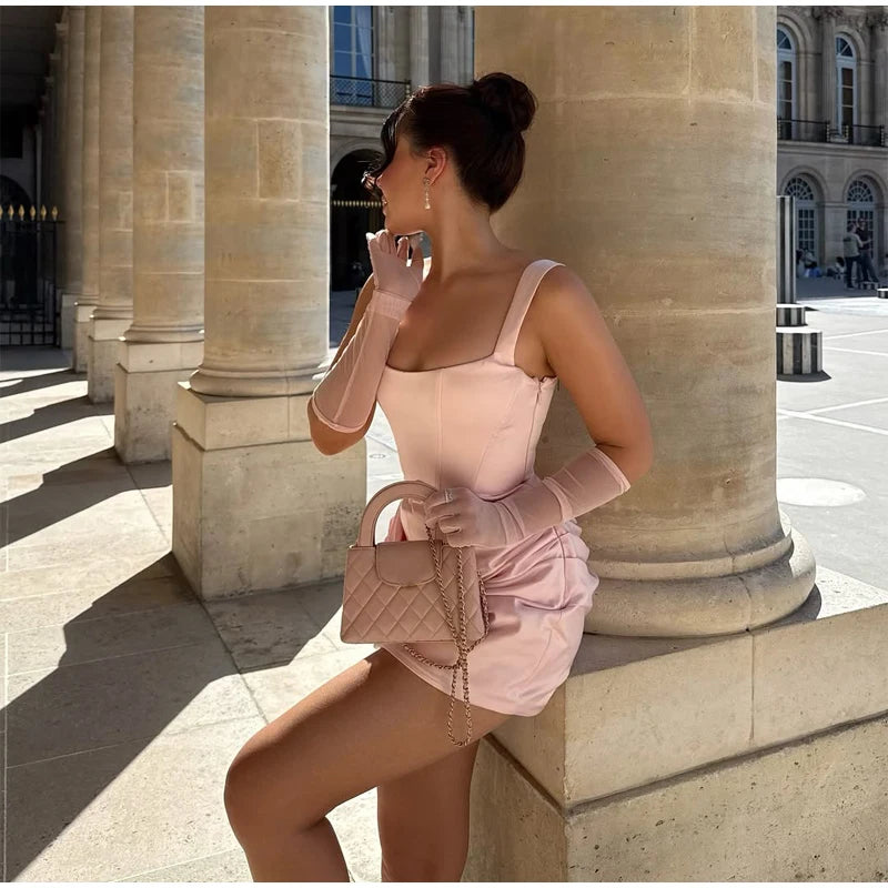 Women Sexy Square-neck Halter Mini Dress 2025 Pleated Sleeveless Backless High Waist Bodycon Dresses New Summer Lady Party Gowns