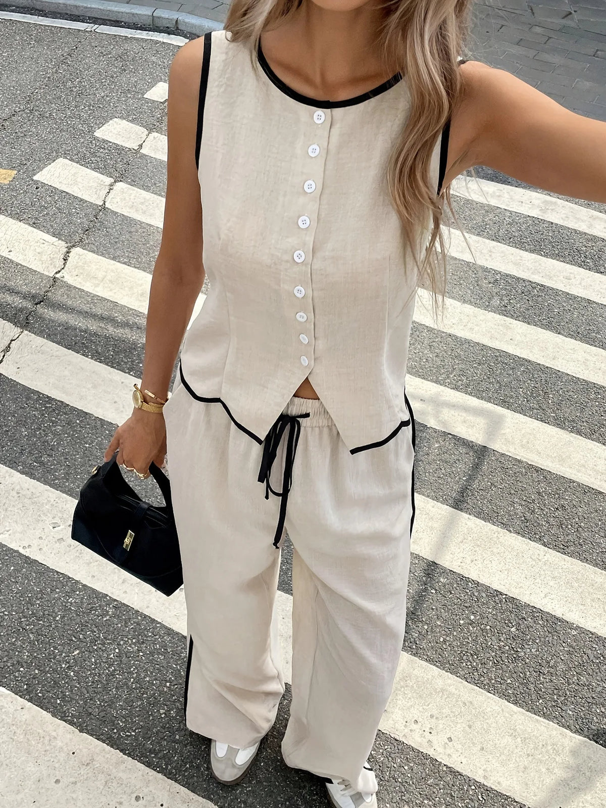 Women Color Block Two Piece Set Sleeveless Single Breasted Vest Drawstring Long Pants European Daily European Casual Daily