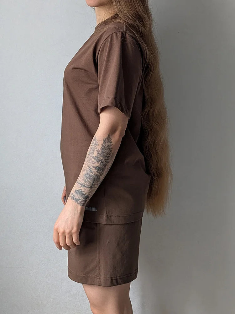 Summer 2 Piece Shorts Set Woman Cotton Brown Oversized T Shirts And Shorts Two Pieces Outfits For Women White Short Sets Pink