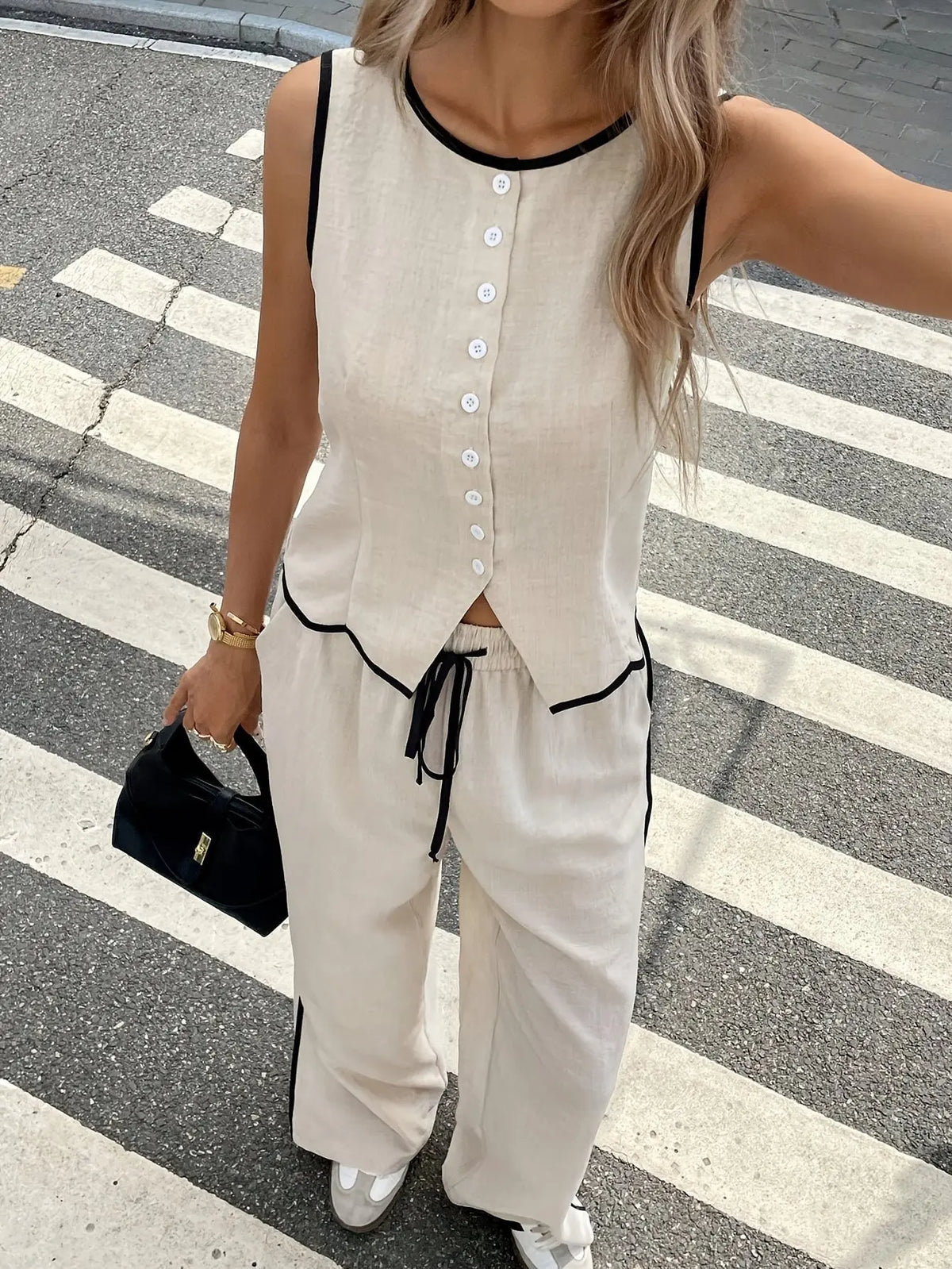 2026 New Multi Color Contrast Edge Tank Top and Trousers Suit Ladies Sleeveless Waistcoat Loose Pants Daily Travel Streetwear