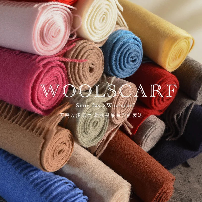 High Quality 100% Wool Muffler Classic Simple Solid Men Women Scarf Fall Winter Thick Casual Shawl Male Female Tassel Scarves
