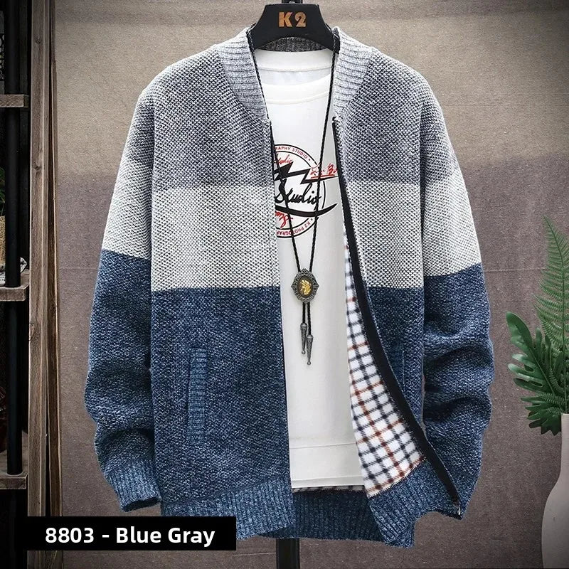Men's Knitted Sweater Cardigan Thickened Fleece Hooded Casual Style Warm Outerwear Autumn Winter New Arrival Korean Version
