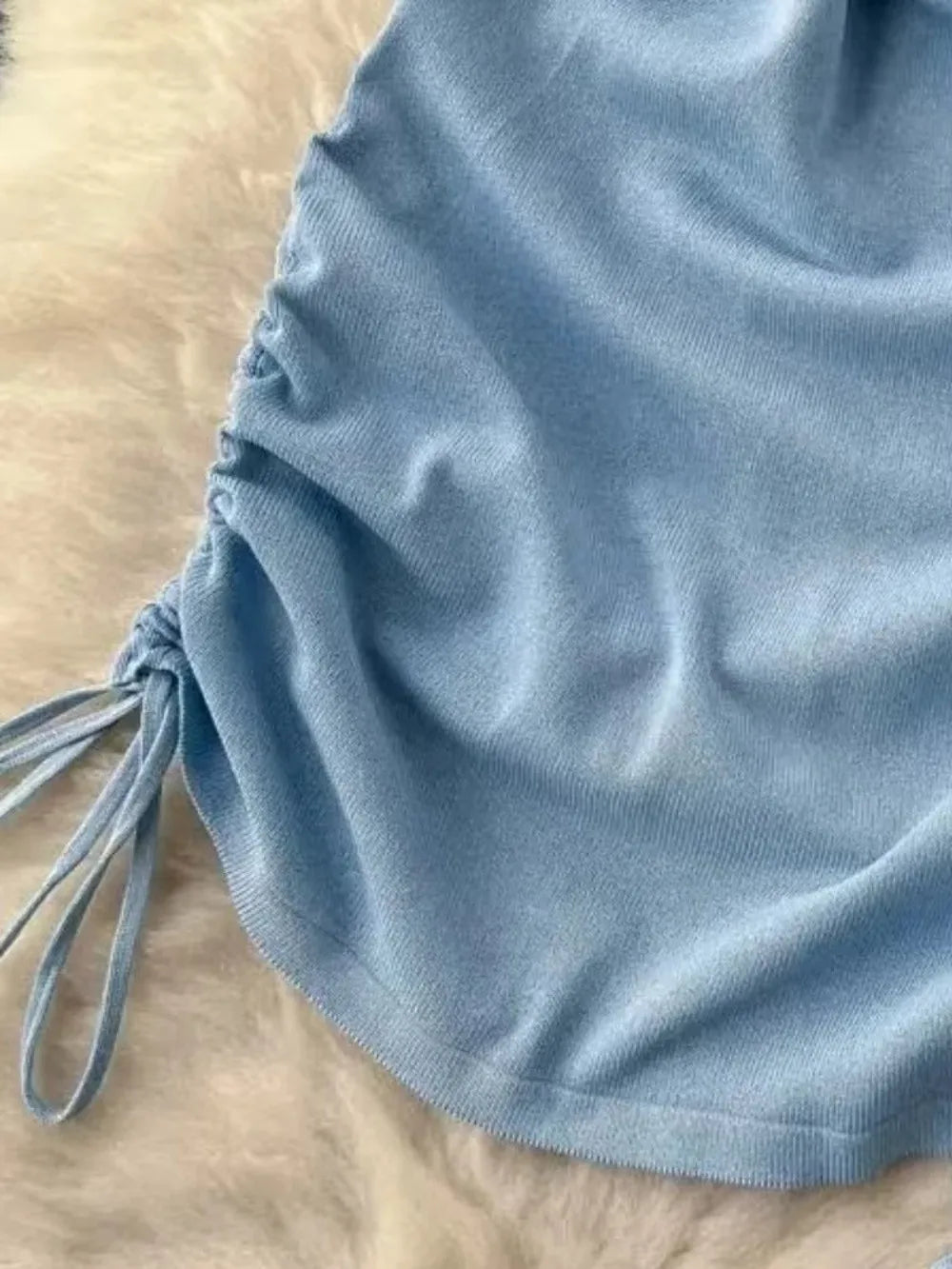 Y2K Solid Color Halter Neck Dress Sleeveless Design Drawstring Mini Dress Ruched Side Stretchy Knit Sundress Women Summer Wear