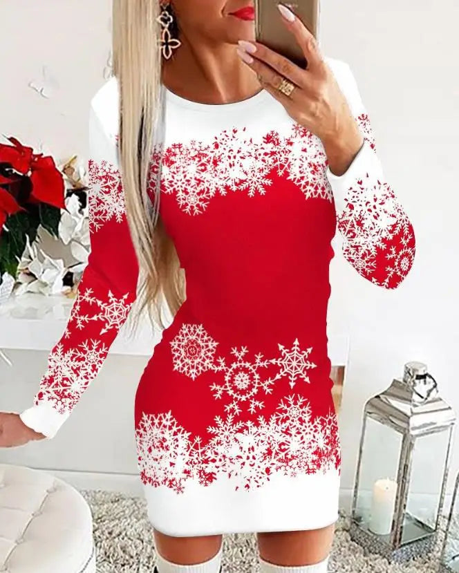 Christmas Women's Dresses 2024 Autumn Long Sleeve Fashion Snowflake Elk Print Casual O-Neck Daily Skinny Mini Dress