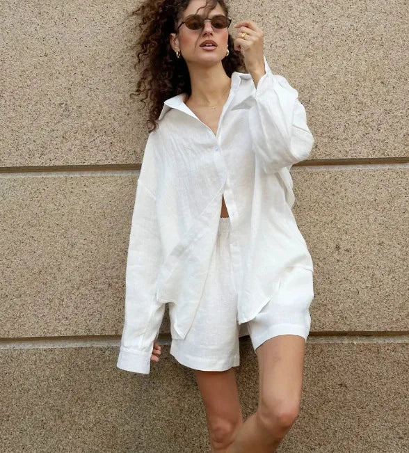 Women 2 Piece Shorts Set Casual Solid Loose Holiday Tracksuit Long Sleeve Cardigan And High Waist Female Shorts Sets 2025 Summer
