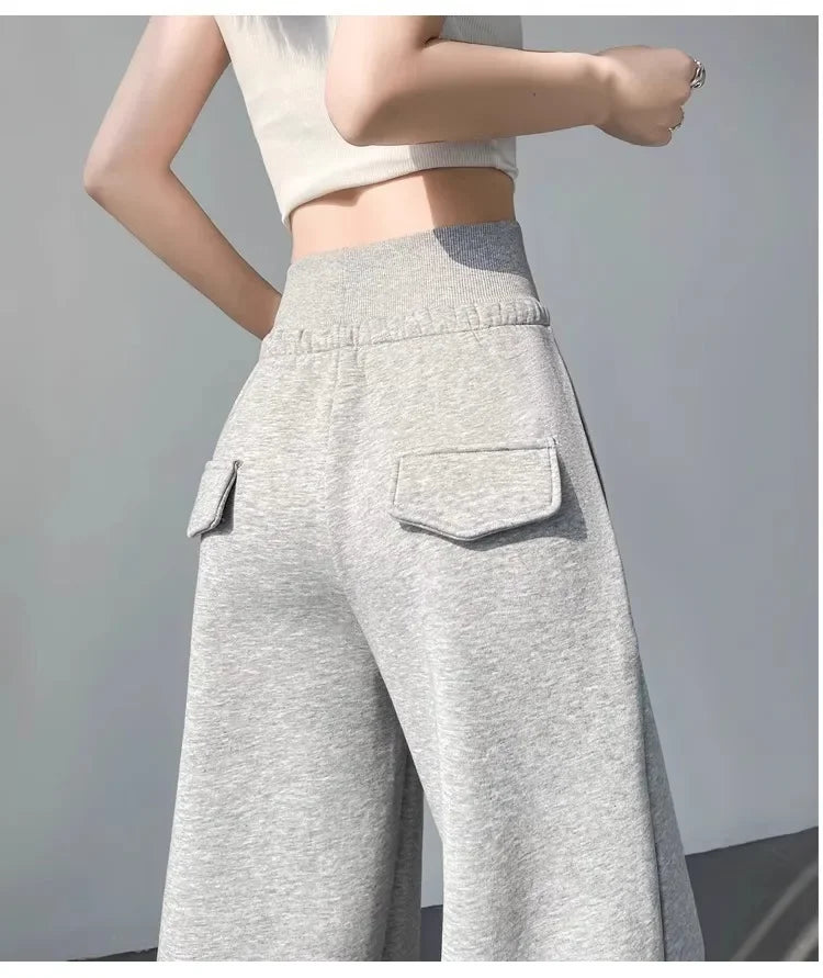 Women High Waist Drawstring Wide Leg Sweatpants Casual Loose Solid Color Straight Trousers Soft Sports Jogger Pants Streetwear