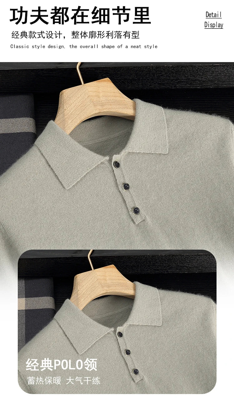 Autumn/Winter Men's 100% Cashmere Pullover Business Casual Solid Knitted Sweater Loose POLO Collar Tops Basic Thick Warm Jumper