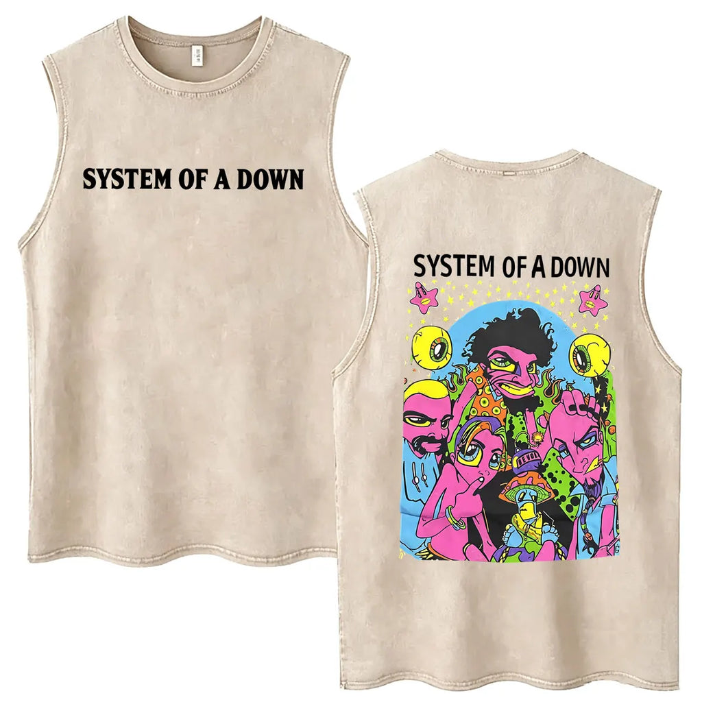 System of A Down Vintage Washed Tank Tops Men's Rock Alternative Metal Cartoon Graphic Sleeveless Vests T-shirt Male T Shirts