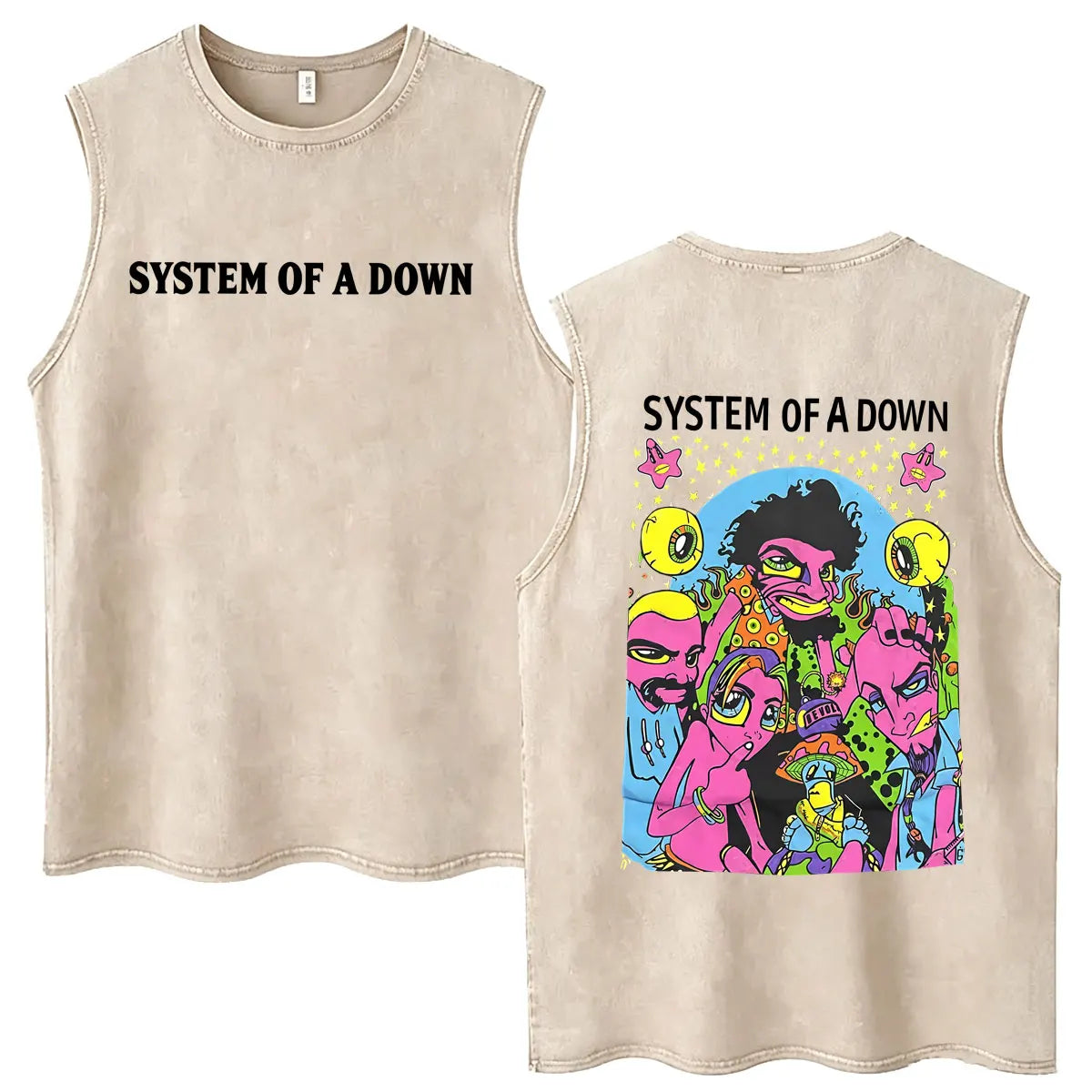 System of A Down Vintage Washed Tank Tops Men's Rock Alternative Metal Cartoon Graphic Sleeveless Vests T-shirt Male T Shirts