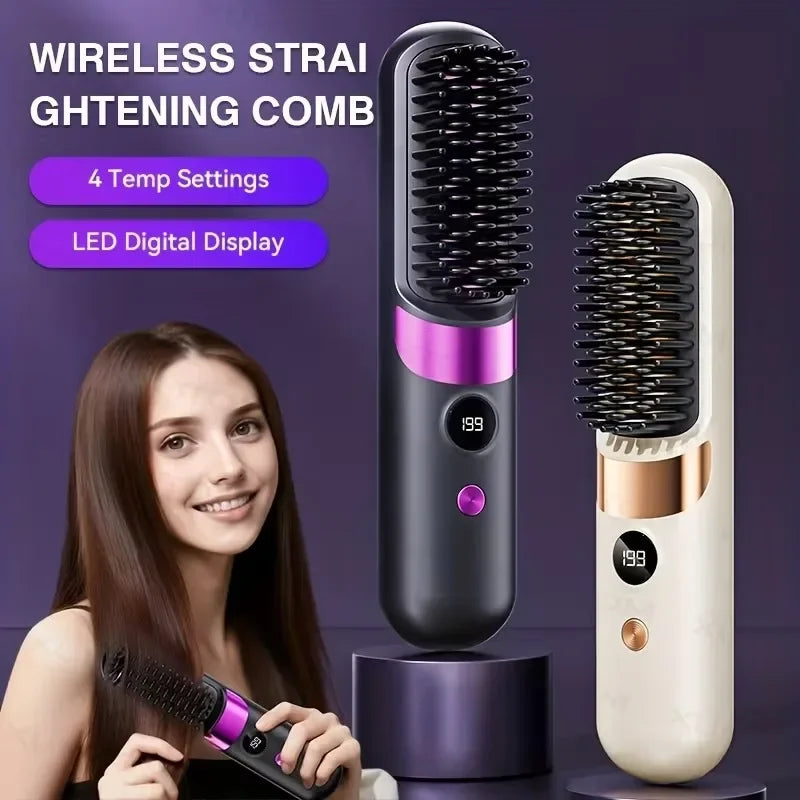Portable Mini 2-in-1 Hair Straightener and Curler, Wireless USB Rechargeable, For Home & Travel Use, With LCD Display