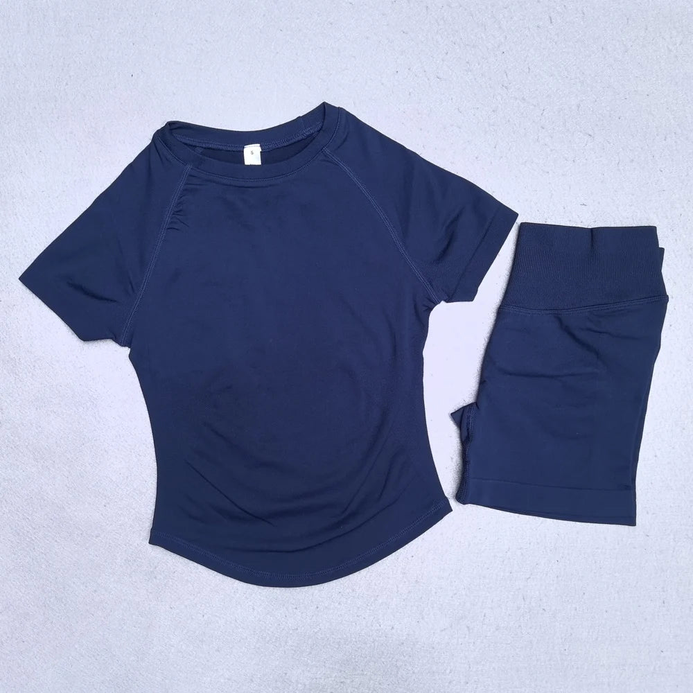 2 Piece Yoga Set Women Outfit Longline Short Sleeve Gym Top Shirt High Waist Workout Shorts Sports Suit Fitness Clothes Gym Set
